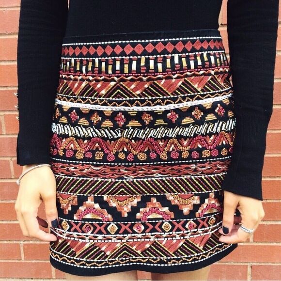 H&M Black Rust Orange Tribal Aztec Embroidered Breaded Mini Statement Skirt NEW - Picture 2 of 16